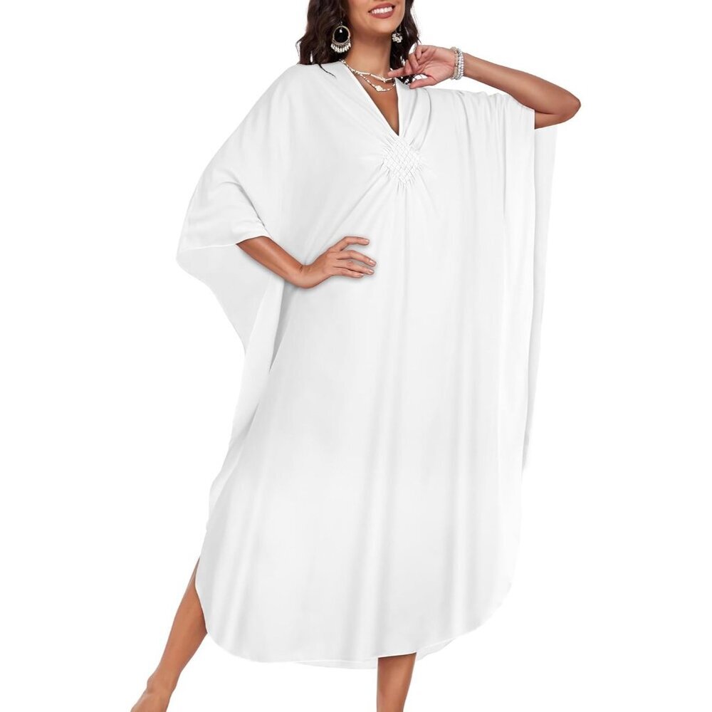 Womens White V-Neck Batwing Sleeves Summer Beach Smocked Waist Maxi Kaftan Dress - Picture 3 of 6